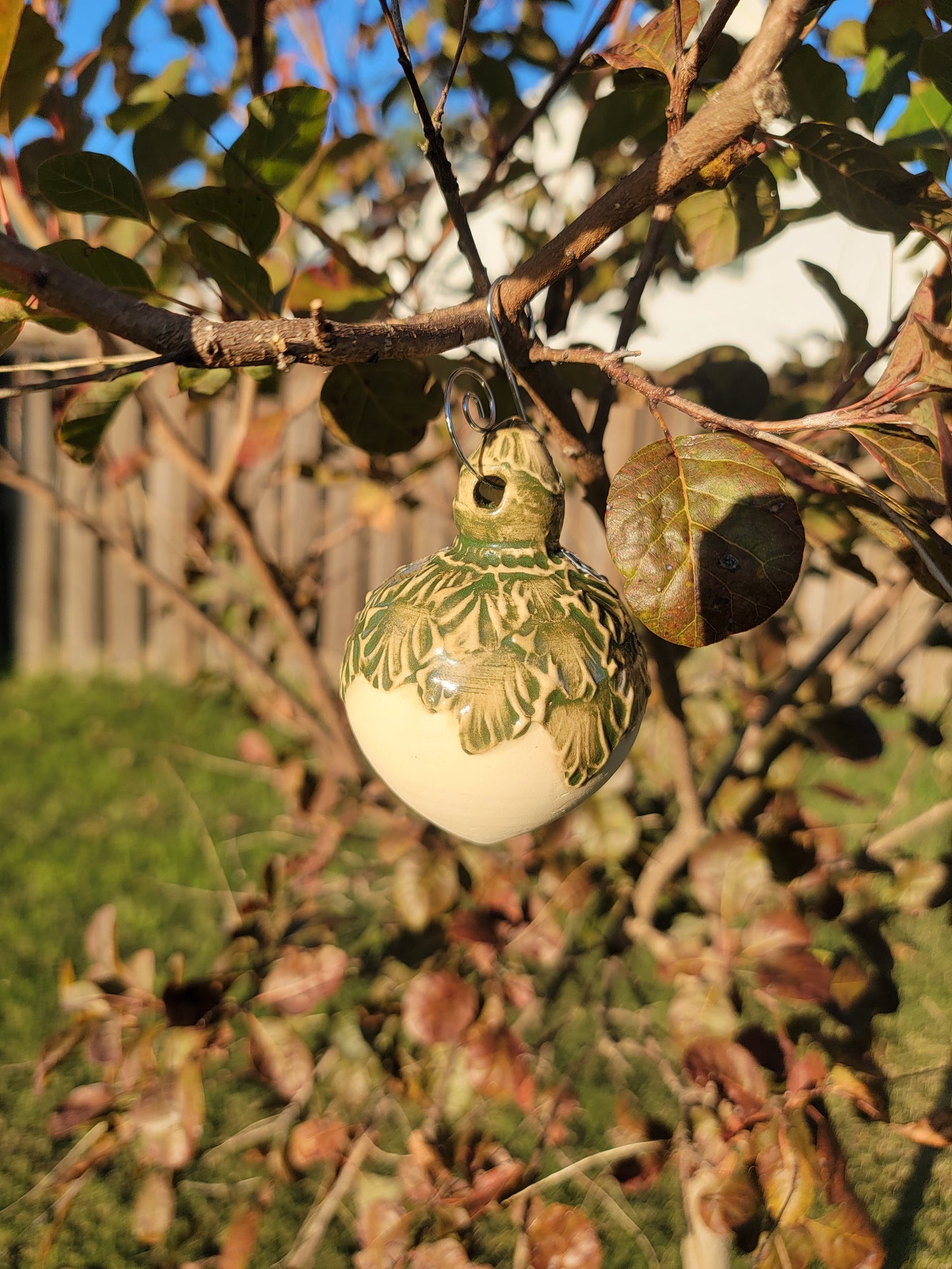 Wheel-thrown Ornament in Green Round Teardrop Shape
