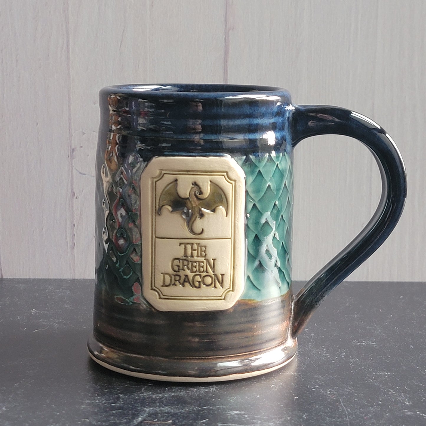 Green Dragon Mug - Blue, green & copper