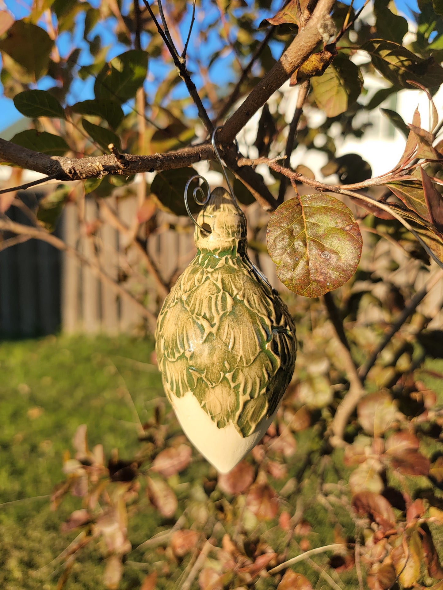 Wheel-thrown Ornament in Green Teardrop Shape