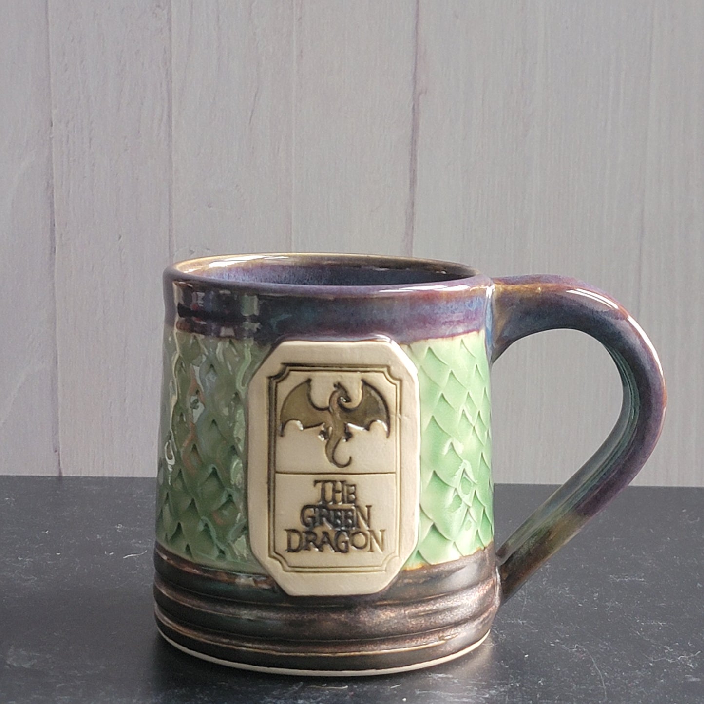 Green Dragon Mug - purple, jade & copper