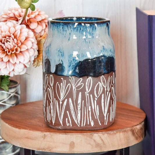Mason Jar in Blue with Cattails