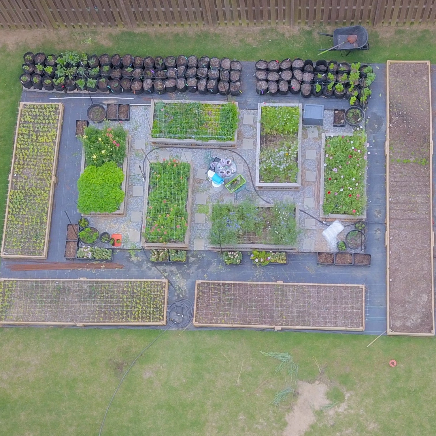 Aerial view of a large garden with various plots and a pond.