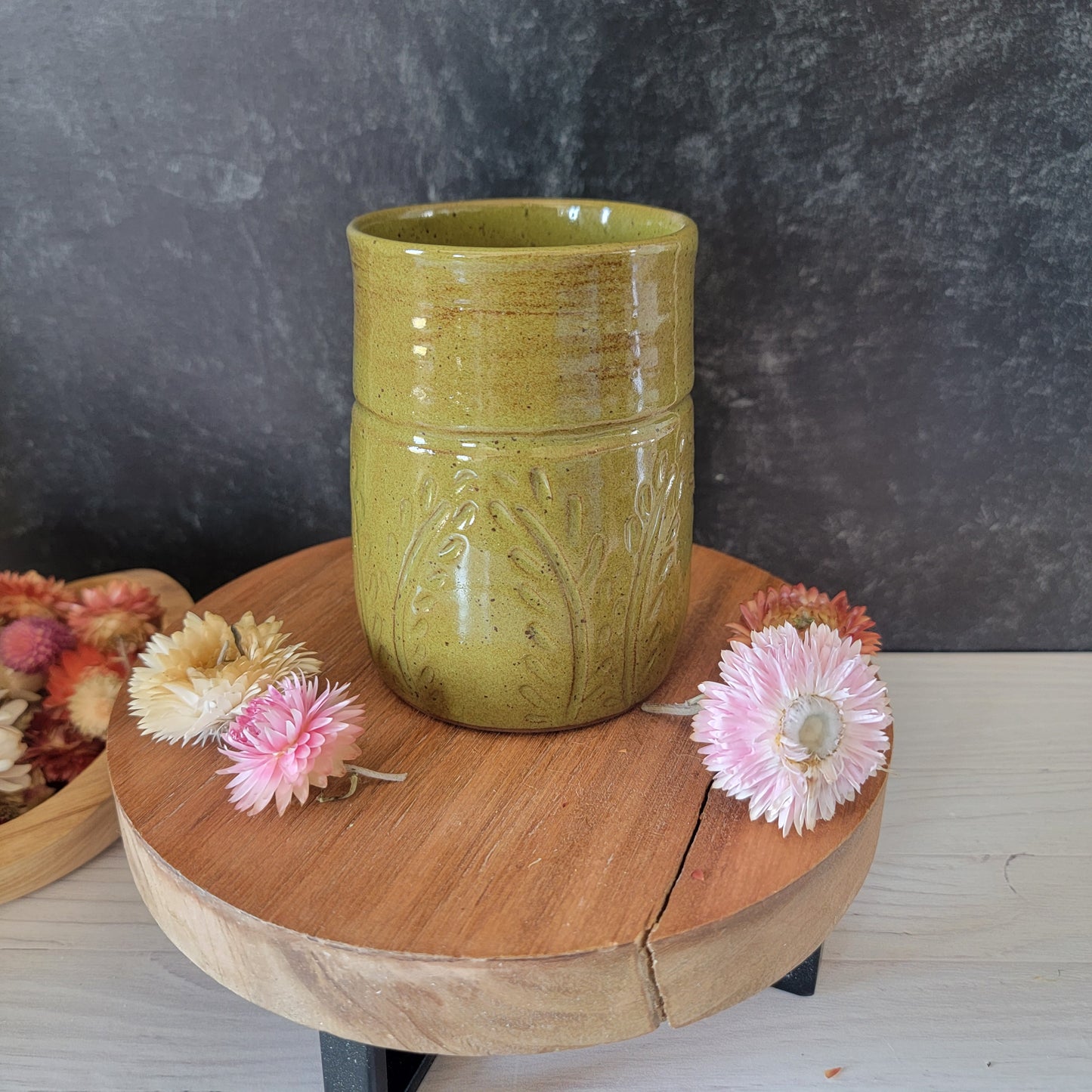 Floral Vase in Speckled Olive