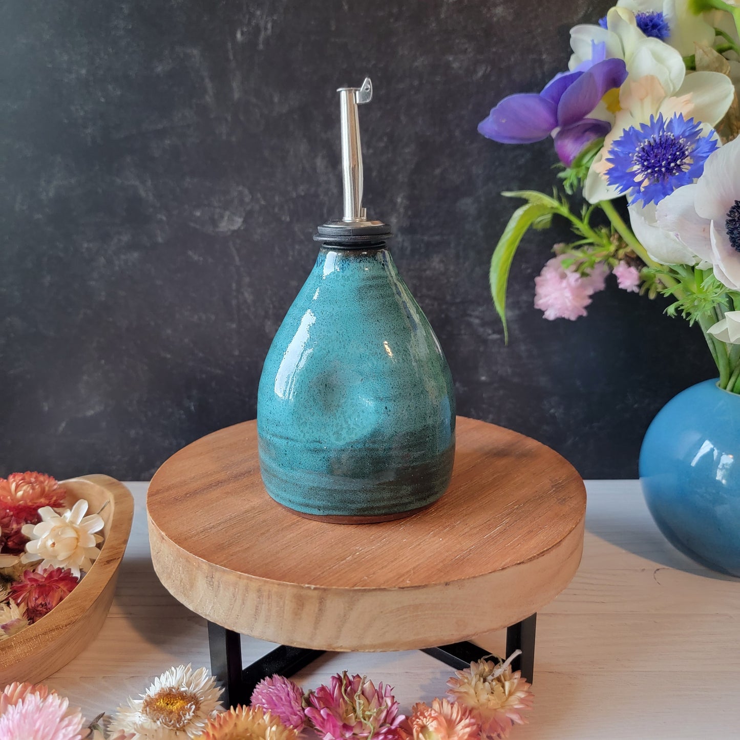 Oil Pour Bottle in Teal on Red Clay