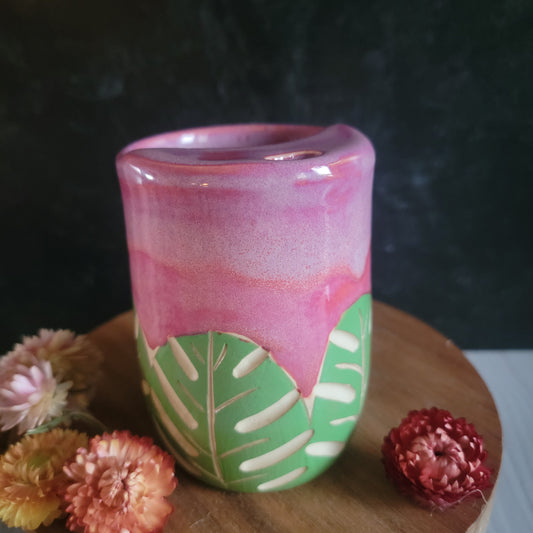 Travel Mug Green Monstera and Pink