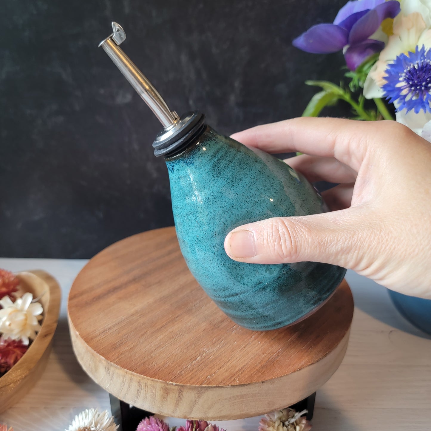 Oil Pour Bottle in Teal on Red Clay