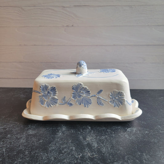 Butter Dish in White & Blue Flowers