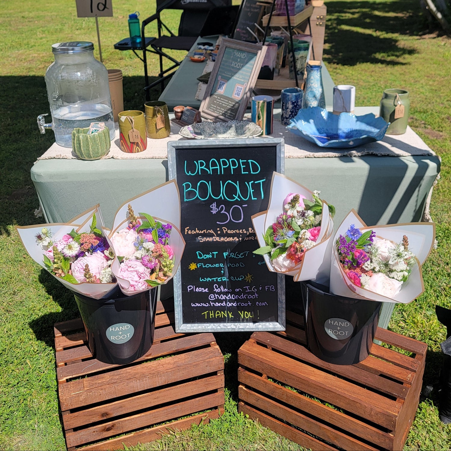 Wrapped bouquets at market.